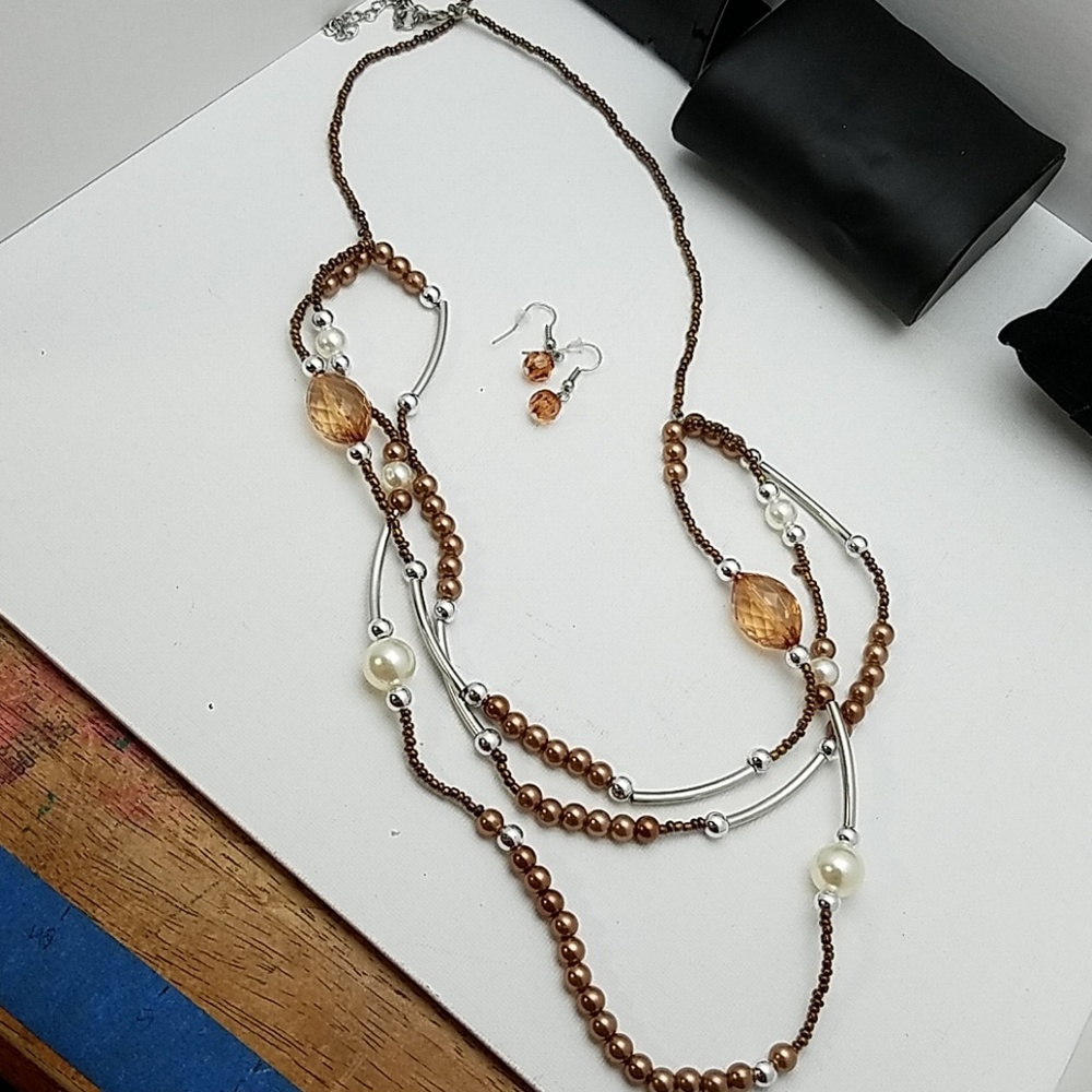 Brown Pearl Silver 3 Strand 24 Necklace Earrings 14$